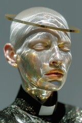 Futuristic portrait of woman with iridescent holographic skin, golden ring halo, closed eyes, rainbow reflections on translucent face