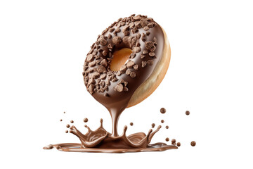 PNG Chocolate donut with crumbs and splashing chocolate isolated on white background