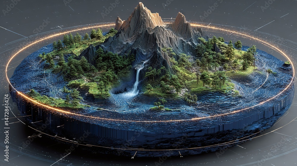 Poster a small island surrounded by waterfall and mountains in the background - computer-generated image