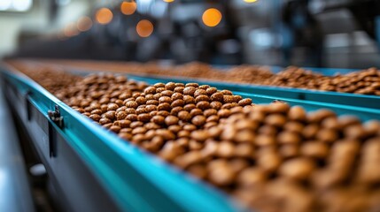 Fototapeta premium Industrial food production process with brown food pellets on conveyor belt