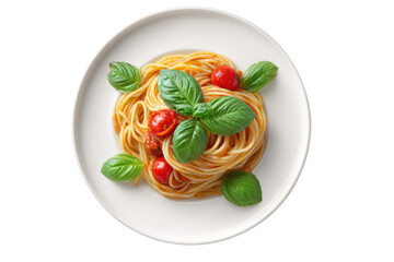 PNG White plate of spaghetti with tomato sauce and fresh basil garnish