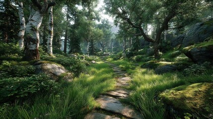 Obraz premium A path through the forest surrounded by lush greenery on either side