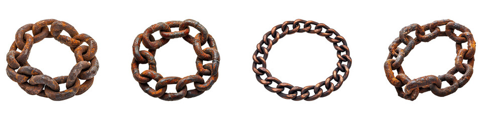 Set, group, collection of Brown rusty chain isolated on a transparent background.