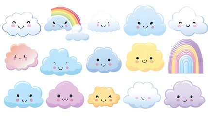 Colorful Kawaii Characters under a Rainbow in the Cloudy Sky - Weather Illustration