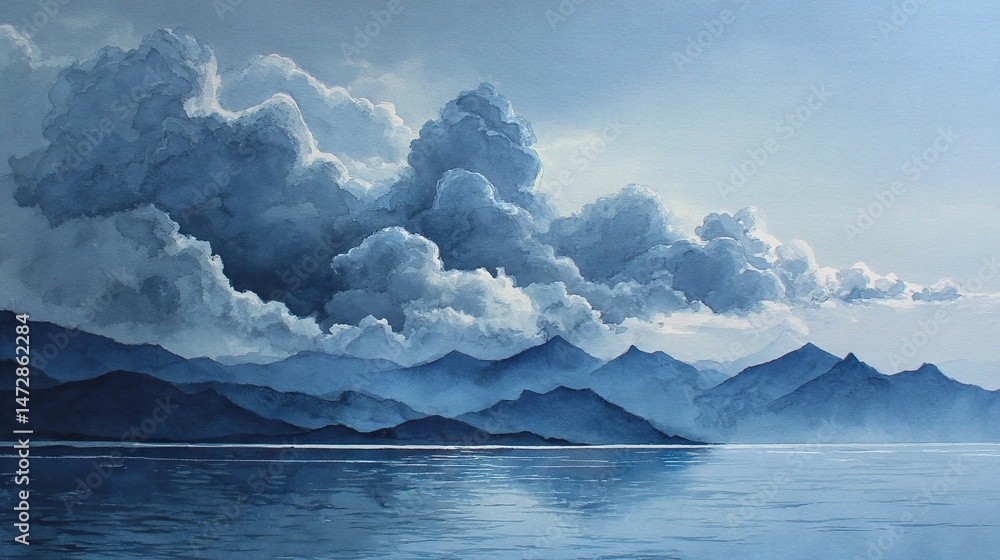 Aufkleber a painting featuring a mountain range with water in the foreground and cloudy sky in the backdrop