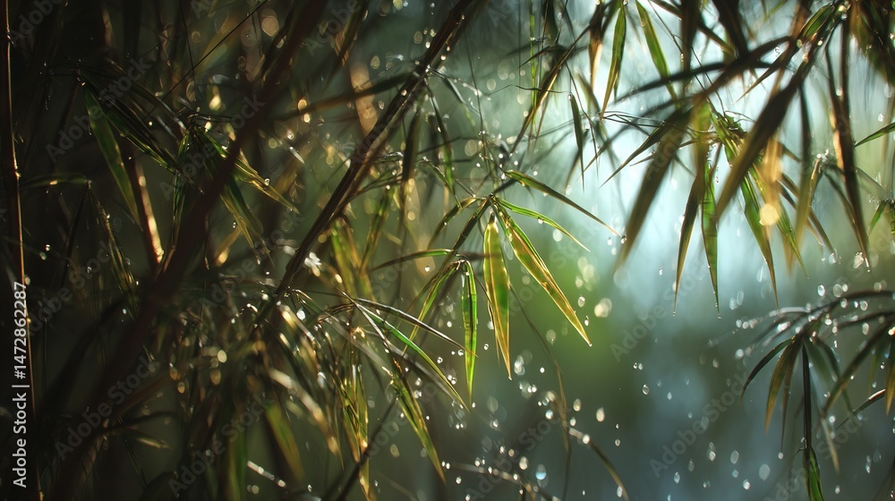 Poster a close-up of a bamboo tree with droplets on its leaves against a blurred backdrop of trees in the d