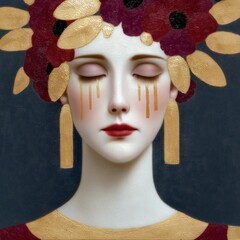 Surreal portrait of woman with closed eyes, golden tears, floral crown of red poppies and gold leaves against dark blue textured background