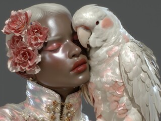 Elegant woman with pink carnations in hair poses intimately with white cockatoo parrot, wearing pearls in dreamy, soft-lit portrait.