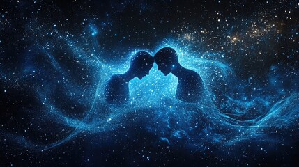 Abstract orbiting celestial bodies subtly forming the faint silhouette of two people connected in space as stars twinkle around