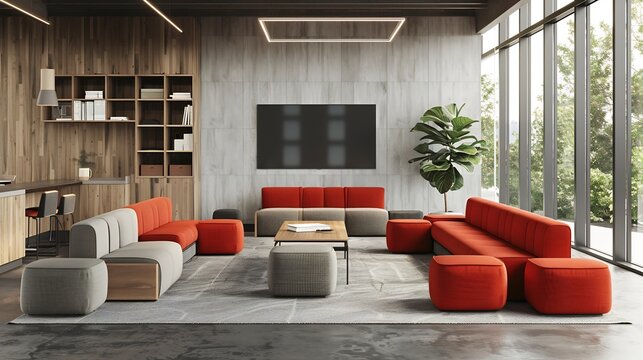 Collaborative meeting area furnished modular contemporary furniture adaptable layout encourages creativity while combination of warm woods bright upholstery keeps the environment dynamic and inviting