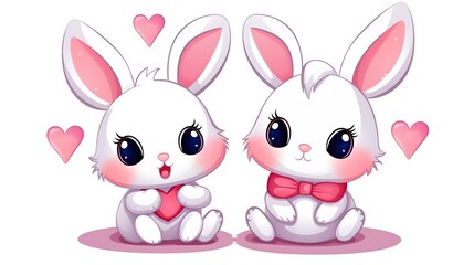 Colorful Rabbit Couple with Heart Love Sign Cartoon Vector Illustration
