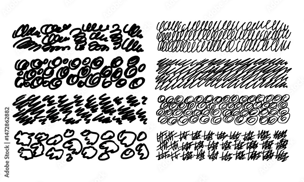 Poster eight random hand drawn rectangle textures. doodles and squiggles. vector set