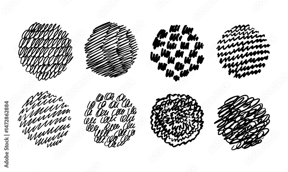 Poster eight random hand drawn circular textures. doodles and squiggles. vector set