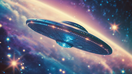 Obraz premium A vibrant, detailed depiction of a spaceship, flying through the beautiful vastness of space.