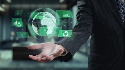 Business person implements green strategies, promoting sustainable growth. Discover how businesses lead with sustainable, green innovations for a healthier planet. UUID