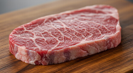 Fototapeta premium Marbled Fresh New York Strip Steak Resting On Wooden Cutting Board