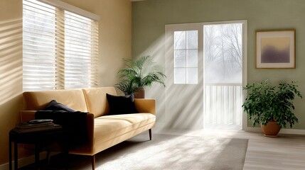 Fototapeta premium Living room featuring couch, potted plant, and illuminated blinds by sunlight through the window