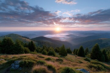 Fototapeta premium Sunrise Mountain Panorama: Serene Landscape Painting