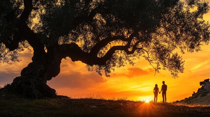 Branches of old olive trees intertwining under a vivid orange sunset