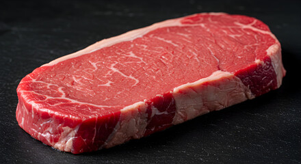 Raw Sirloin Steak Texture Marbling On Black Surface Close Up View
