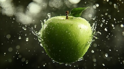 Fresh green apple splashing water droplets photography image wet food diet leaf life fruit juicy