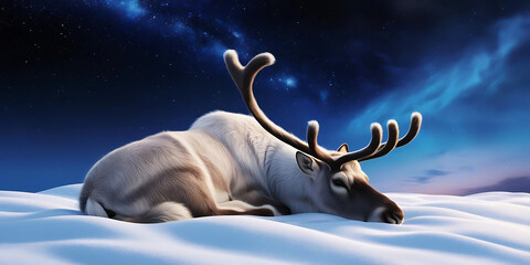 Obraz premium Peaceful Reindeer Resting on Snow Beneath a Starry, Colorful Night Sky