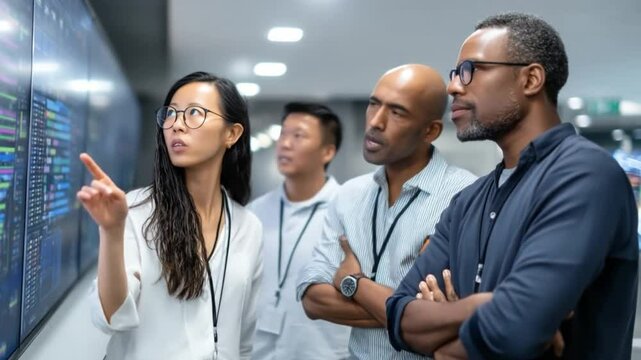 Team of it engineers monitoring network traffic on big screen display - Powered by Adobe