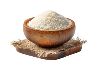 PNG Wooden bowl filled with uncooked white rice on rustic wooden board