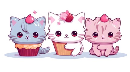 Obraz premium Adorable Little Cats with Cupcake - Kawaii Characters Cart Illustration