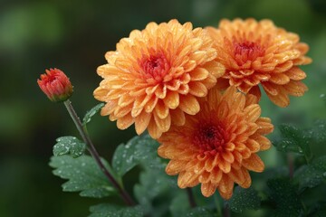 Dew-Kissed Orange Chrysanthemums: A Serene Autumn Floral Study
