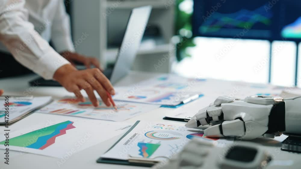 Poster a modern workplace where ai-powered insights help consultants refine financial forecasting and impro