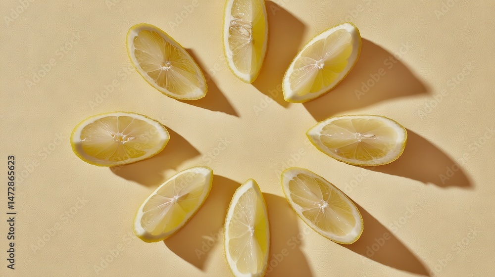 Poster a circle of lemon slices on a beige surface with a central shadow of the entire lemon