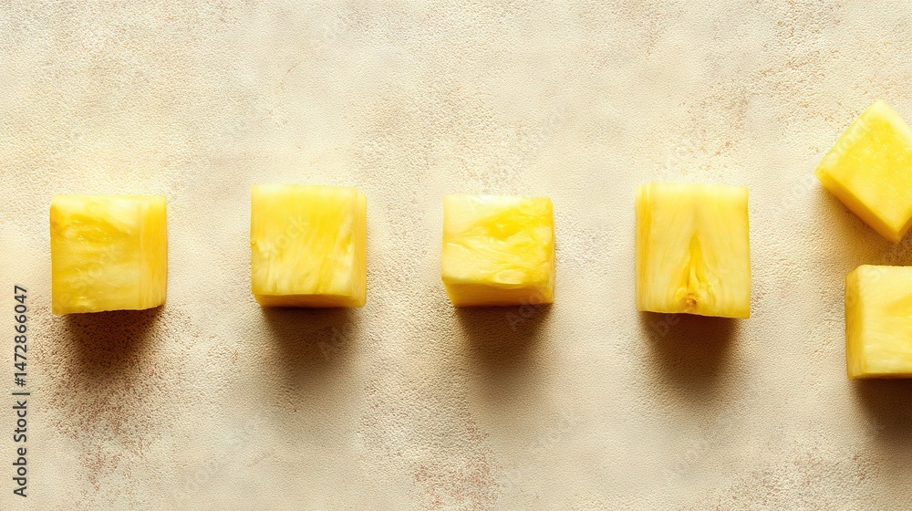 Poster a group of pineapples sits atop a countertop next to one another on a table