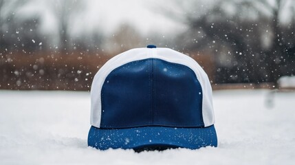 Stylish navy blue and white baseball cap resting in snow