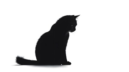 Silhouette of a feline friend: domestic shorthair cat sitting on a white background looking down