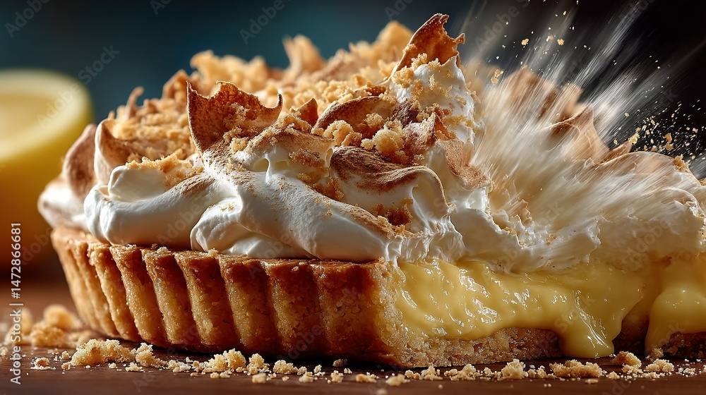 Poster a close-up of a pastry with icing and other toppings on a table with a lemon slice in the background