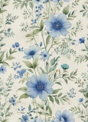 Fototapeta premium Subtle blue & green watercolor flowers on off-white, delicate repeating pattern , art, spring, blossom