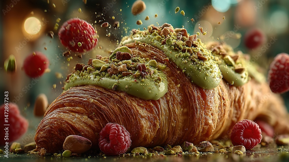 Poster a croissant topped with green frosting and adorned with raspberries and pistachios sits on a table