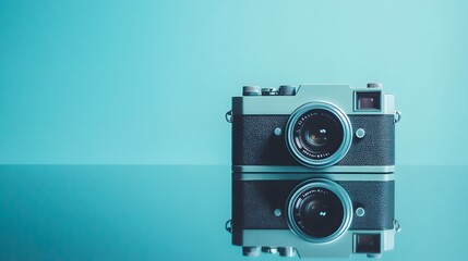 Vintage camera photography equipment on turquoise background for retro photography enthusiasts and collectors