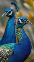 Two magnificent peafowl birds in close proximity.