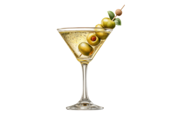 PNG Classic martini with green olives and skewer on glass