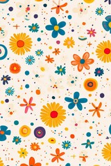 Minimalistic floral pattern with colorful flowers, butterflies, and dots on a white background, designed for a pride parade flyer