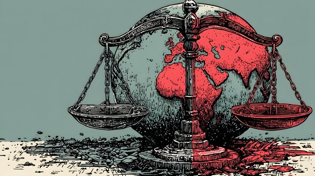 Global Imbalance: A world map etched onto a scale of justice, one side decaying while the other remains intact, symbolizes global inequality and the urgent need for balance.