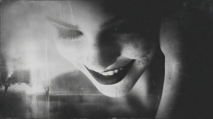 Close-up monochrome portrait of a smiling woman.