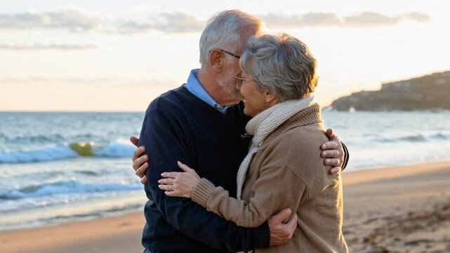 Loving senior couple embracing on a beach at sunset. Mature romance, marriage, companionship, retirement happiness and lasting relationship concept.