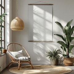 Modern Poster Mockup Hanging on Clean White Wall with Custom Design for Creative Display and Branding