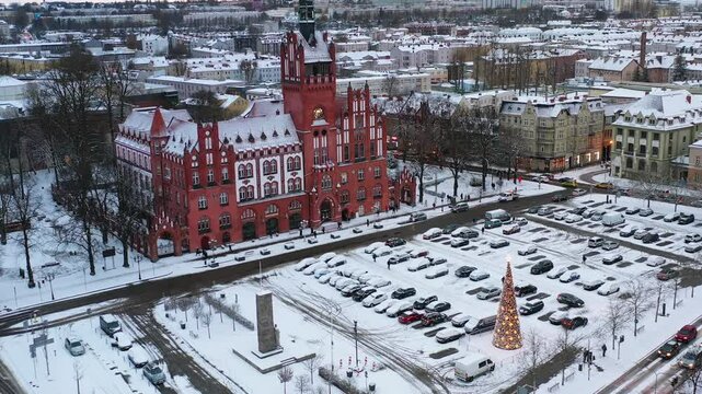 Winter scenery of the city of Slupsk at dusk, Poland.