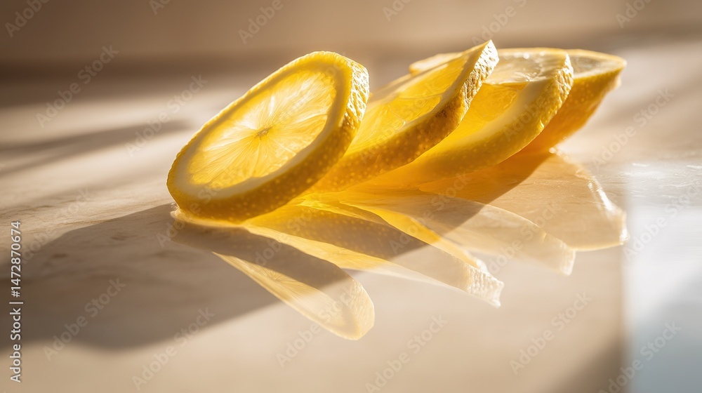 Poster a lemon split into pieces sits atop a table adjacent to another lemon slice on the same surface
