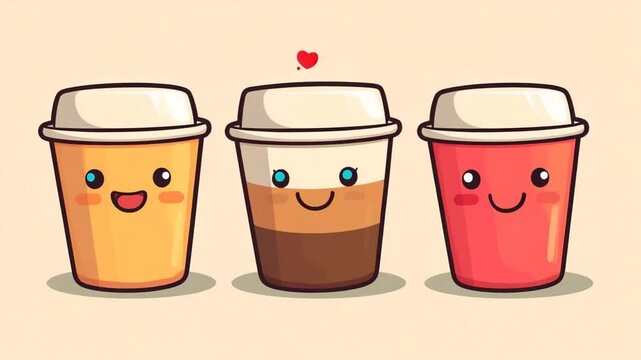 Three charming cartoon coffee cups, perfect for coffee lovers and beverage enthusiasts