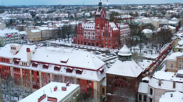 Winter scenery of the city of Slupsk at dusk, Poland.